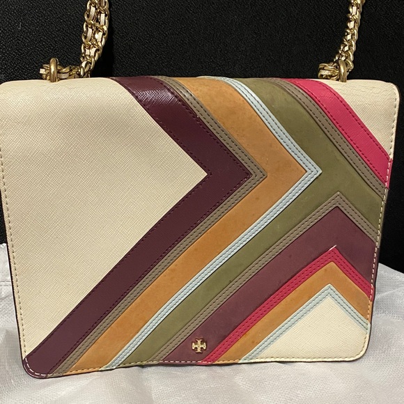 Tory Burch Handbags - Tory Burch Multicolor Chevron Crossbody — Cream, Burgundy, Olive, Tan & Pink